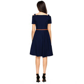 Women's Polyester Solid V Neck Cap Sleeve Dress (Blue)